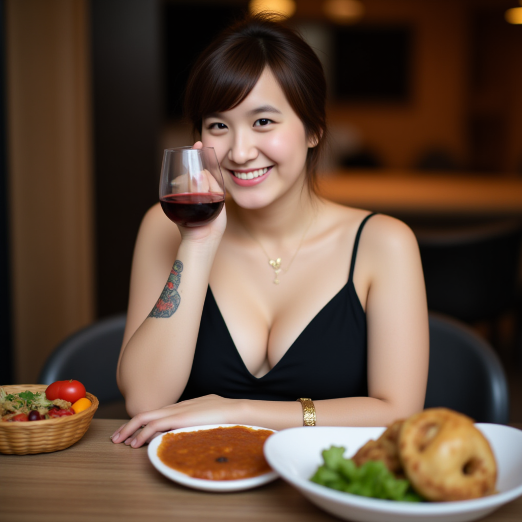 highly super realistic photo. full body photo, highly detailed skin. a woman with (huge breasts:2.2), big boobs, ((super white pale skin:3)), pearl skin, white skin, colorful full tattoo on left hand, colorful full tattoo on left leg, wear thin golden necklace, wear gold watch, wear black high heels. She is sitting at a table with a glass of red wine in her hand. She is wearing a black sleeveless top with a deep V-neckline. The table is set with plates of food and a basket of salad. The background shows a beautiful view of the ocean at sunset. The sky is orange and pink, and there are a few people walking on the beach in the distance. she is looking at camera creating a naked and intimate atmosphere. she doesn't wear makeup. full body photo. The photo colors excellent depth of field and dynamic range. highly detailed skin texture. bright cool lighting