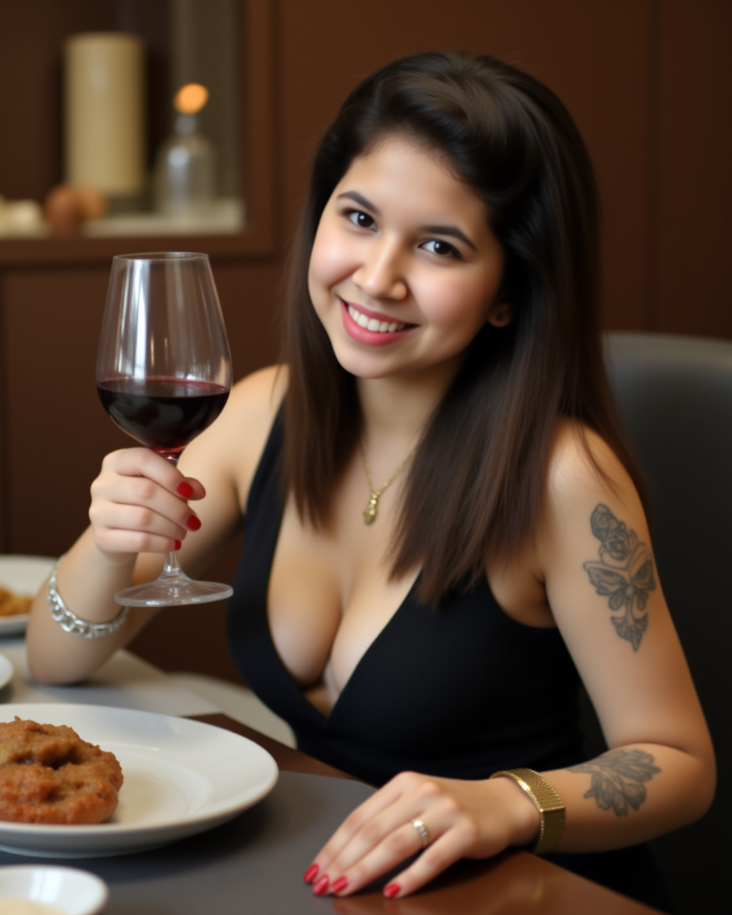 highly super realistic photo. full body photo, highly detailed skin. a woman with (huge breasts:2.2), big boobs, ((super white pale skin:3)), pearl skin, white skin, colorful full tattoo on left hand, colorful full tattoo on left leg, wear thin golden necklace, wear gold watch, wear black high heels. She is sitting at a table with a glass of red wine in her hand. She is wearing a black sleeveless top with a deep V-neckline. The table is set with plates of food and a basket of salad. The background shows a beautiful view of the ocean at sunset. The sky is orange and pink, and there are a few people walking on the beach in the distance. she is looking at camera creating a naked and intimate atmosphere. she doesn't wear makeup. full body photo. The photo colors excellent depth of field and dynamic range. highly detailed skin texture. bright cool lighting