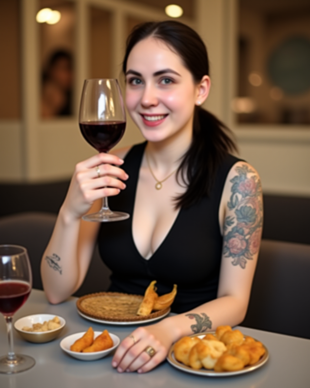 highly super realistic photo. full body photo, highly detailed skin. a woman with (huge breasts:2.2), big boobs, ((super white pale skin:3)), pearl skin, white skin, colorful full tattoo on left hand, colorful full tattoo on left leg, wear thin golden necklace, wear gold watch, wear black high heels. She is sitting at a table with a glass of red wine in her hand. She is wearing a black sleeveless top with a deep V-neckline. The table is set with plates of food and a basket of salad. The background shows a beautiful view of the ocean at sunset. The sky is orange and pink, and there are a few people walking on the beach in the distance. she is looking at camera creating a naked and intimate atmosphere. she doesn't wear makeup. full body photo. The photo colors excellent depth of field and dynamic range. highly detailed skin texture. bright cool lighting