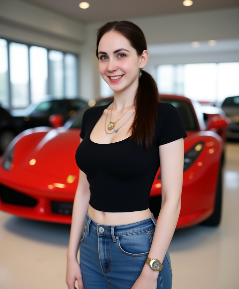 highly super realistic photo. full body photo, highly detailed skin. a woman with (huge breasts:2.2), big boobs, ((super white pale skin:3)), big tattoo on chest, pearl skin, white skin, pale skin, wear thin golden necklace, wear gold watch. She is standing next to a red sports car in a showroom. She is wearing a black fit t-shirt with super big breast and denim skirt. navel exposed. The car is parked on a white floor and there are other cars visible in the background. The showroom has a modern design with large windows and a high ceiling.. creating a naked and intimate atmosphere. she doesn't wear makeup. full body photo. The photo colors excellent depth of field and dynamic range. highly detailed skin texture. bright cool lighting