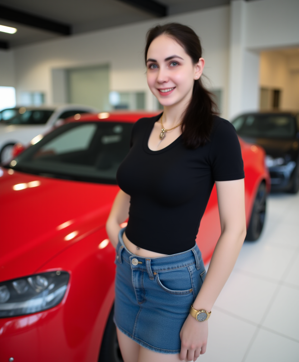highly super realistic photo. full body photo, highly detailed skin. a woman with (huge breasts:2.2), big boobs, ((super white pale skin:3)), big tattoo on chest, pearl skin, white skin, pale skin, wear thin golden necklace, wear gold watch. She is standing next to a red sports car in a showroom. She is wearing a black fit t-shirt with super big breast and denim skirt. navel exposed. The car is parked on a white floor and there are other cars visible in the background. The showroom has a modern design with large windows and a high ceiling.. creating a naked and intimate atmosphere. she doesn't wear makeup. full body photo. The photo colors excellent depth of field and dynamic range. highly detailed skin texture. bright cool lighting