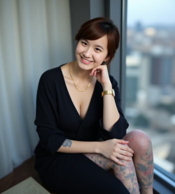 highly super realistic photo. full body photo, highly detailed skin. a woman with (huge breasts:2.2), big boobs, ((super white pale skin:3)), pearl skin, white skin, pale skin, colorful full tattoo on left hand, colorful full tattoo on left leg, wear thin golden necklace, wear gold watch. She is sitting on a window sill with a view of the city skyline in the background. She is wearing a black robe. The woman is resting her head on her hands and appears to be deep in thought. There is a book and a cup of coffee on the window sill next to her. The window overlooks a body of water with a city skyline visible in the distance.. she is looking at camera creating a naked and intimate atmosphere. she doesn't wear makeup. full body photo. The photo colors excellent depth of field and dynamic range. highly detailed skin texture. bright cool lighting