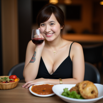 highly super realistic photo. full body photo, highly detailed skin. a woman with (huge breasts:2.2), big boobs, ((super white pale skin:3)), pearl skin, white skin, colorful full tattoo on left hand, colorful full tattoo on left leg, wear thin golden necklace, wear gold watch, wear black high heels. She is sitting at a table with a glass of red wine in her hand. She is wearing a black sleeveless top with a deep V-neckline. The table is set with plates of food and a basket of salad. The background shows a beautiful view of the ocean at sunset. The sky is orange and pink, and there are a few people walking on the beach in the distance. she is looking at camera creating a naked and intimate atmosphere. she doesn't wear makeup. full body photo. The photo colors excellent depth of field and dynamic range. highly detailed skin texture. bright cool lighting