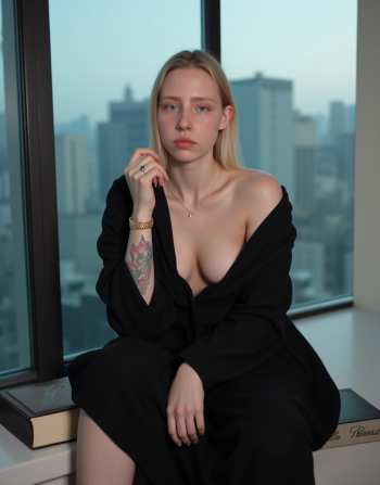 highly super realistic photo. full body photo, highly detailed skin. a woman with (huge breasts:2.2), big boobs, ((super white pale skin:3)), pearl skin, white skin, pale skin, colorful full tattoo on left hand, colorful full tattoo on left leg, wear thin golden necklace, wear gold watch. She is sitting on a window sill with a view of the city skyline in the background. She is wearing a black robe. The woman is resting her head on her hands and appears to be deep in thought. There is a book and a cup of coffee on the window sill next to her. The window overlooks a body of water with a city skyline visible in the distance.. she is looking at camera creating a naked and intimate atmosphere. she doesn't wear makeup. full body photo. The photo colors excellent depth of field and dynamic range. highly detailed skin texture. bright cool lighting