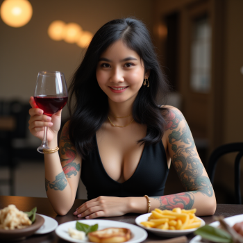 highly super realistic photo. full body photo, highly detailed skin. a woman with (huge breasts:2.2), big boobs, ((super white pale skin:3)), pearl skin, white skin, colorful full tattoo on left hand, colorful full tattoo on left leg, wear thin golden necklace, wear gold watch, wear black high heels. She is sitting at a table with a glass of red wine in her hand. She is wearing a black sleeveless top with a deep V-neckline. The table is set with plates of food and a basket of salad. The background shows a beautiful view of the ocean at sunset. The sky is orange and pink, and there are a few people walking on the beach in the distance. she is looking at camera creating a naked and intimate atmosphere. she doesn't wear makeup. full body photo. The photo colors excellent depth of field and dynamic range. highly detailed skin texture. bright cool lighting