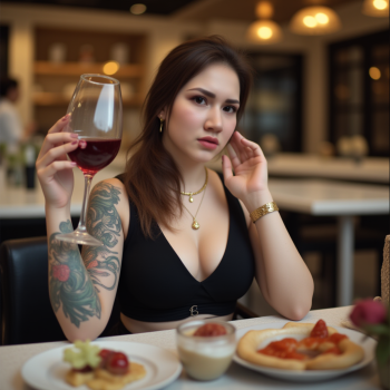 highly super realistic photo. full body photo, highly detailed skin. a woman with (huge breasts:2.2), big boobs, ((super white pale skin:3)), pearl skin, white skin, colorful full tattoo on left hand, colorful full tattoo on left leg, wear thin golden necklace, wear gold watch, wear black high heels. She is sitting at a table with a glass of red wine in her hand. She is wearing a black sleeveless top with a deep V-neckline. The table is set with plates of food and a basket of salad. The background shows a beautiful view of the ocean at sunset. The sky is orange and pink, and there are a few people walking on the beach in the distance. she is looking at camera creating a naked and intimate atmosphere. she doesn't wear makeup. full body photo. The photo colors excellent depth of field and dynamic range. highly detailed skin texture. bright cool lighting