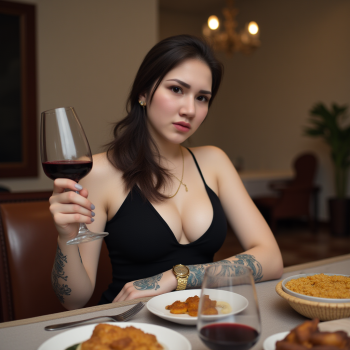 highly super realistic photo. full body photo, highly detailed skin. a woman with (huge breasts:2.2), big boobs, ((super white pale skin:3)), pearl skin, white skin, colorful full tattoo on left hand, colorful full tattoo on left leg, wear thin golden necklace, wear gold watch, wear black high heels. She is sitting at a table with a glass of red wine in her hand. She is wearing a black sleeveless top with a deep V-neckline. The table is set with plates of food and a basket of salad. The background shows a beautiful view of the ocean at sunset. The sky is orange and pink, and there are a few people walking on the beach in the distance. she is looking at camera creating a naked and intimate atmosphere. she doesn't wear makeup. full body photo. The photo colors excellent depth of field and dynamic range. highly detailed skin texture. bright cool lighting