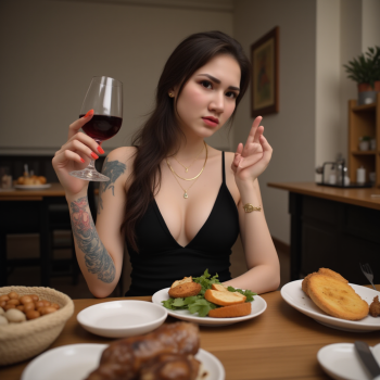 highly super realistic photo. full body photo, highly detailed skin. a woman with (huge breasts:2.2), big boobs, ((super white pale skin:3)), pearl skin, white skin, colorful full tattoo on left hand, colorful full tattoo on left leg, wear thin golden necklace, wear gold watch, wear black high heels. She is sitting at a table with a glass of red wine in her hand. She is wearing a black sleeveless top with a deep V-neckline. The table is set with plates of food and a basket of salad. The background shows a beautiful view of the ocean at sunset. The sky is orange and pink, and there are a few people walking on the beach in the distance. she is looking at camera creating a naked and intimate atmosphere. she doesn't wear makeup. full body photo. The photo colors excellent depth of field and dynamic range. highly detailed skin texture. bright cool lighting