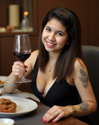 highly super realistic photo. full body photo, highly detailed skin. a woman with (huge breasts:2.2), big boobs, ((super white pale skin:3)), pearl skin, white skin, colorful full tattoo on left hand, colorful full tattoo on left leg, wear thin golden necklace, wear gold watch, wear black high heels. She is sitting at a table with a glass of red wine in her hand. She is wearing a black sleeveless top with a deep V-neckline. The table is set with plates of food and a basket of salad. The background shows a beautiful view of the ocean at sunset. The sky is orange and pink, and there are a few people walking on the beach in the distance. she is looking at camera creating a naked and intimate atmosphere. she doesn't wear makeup. full body photo. The photo colors excellent depth of field and dynamic range. highly detailed skin texture. bright cool lighting