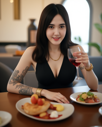 highly super realistic photo. full body photo, highly detailed skin. a woman with (huge breasts:2.2), big boobs, ((super white pale skin:3)), pearl skin, white skin, colorful full tattoo on left hand, colorful full tattoo on left leg, wear thin golden necklace, wear gold watch, wear black high heels. She is sitting at a table with a glass of red wine in her hand. She is wearing a black sleeveless top with a deep V-neckline. The table is set with plates of food and a basket of salad. The background shows a beautiful view of the ocean at sunset. The sky is orange and pink, and there are a few people walking on the beach in the distance. she is looking at camera creating a naked and intimate atmosphere. she doesn't wear makeup. full body photo. The photo colors excellent depth of field and dynamic range. highly detailed skin texture. bright cool lighting